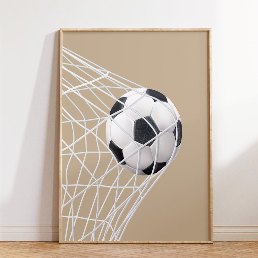 Personalised Neutral Football Prints Set of 2, Boys Wall Art shown in a styled room