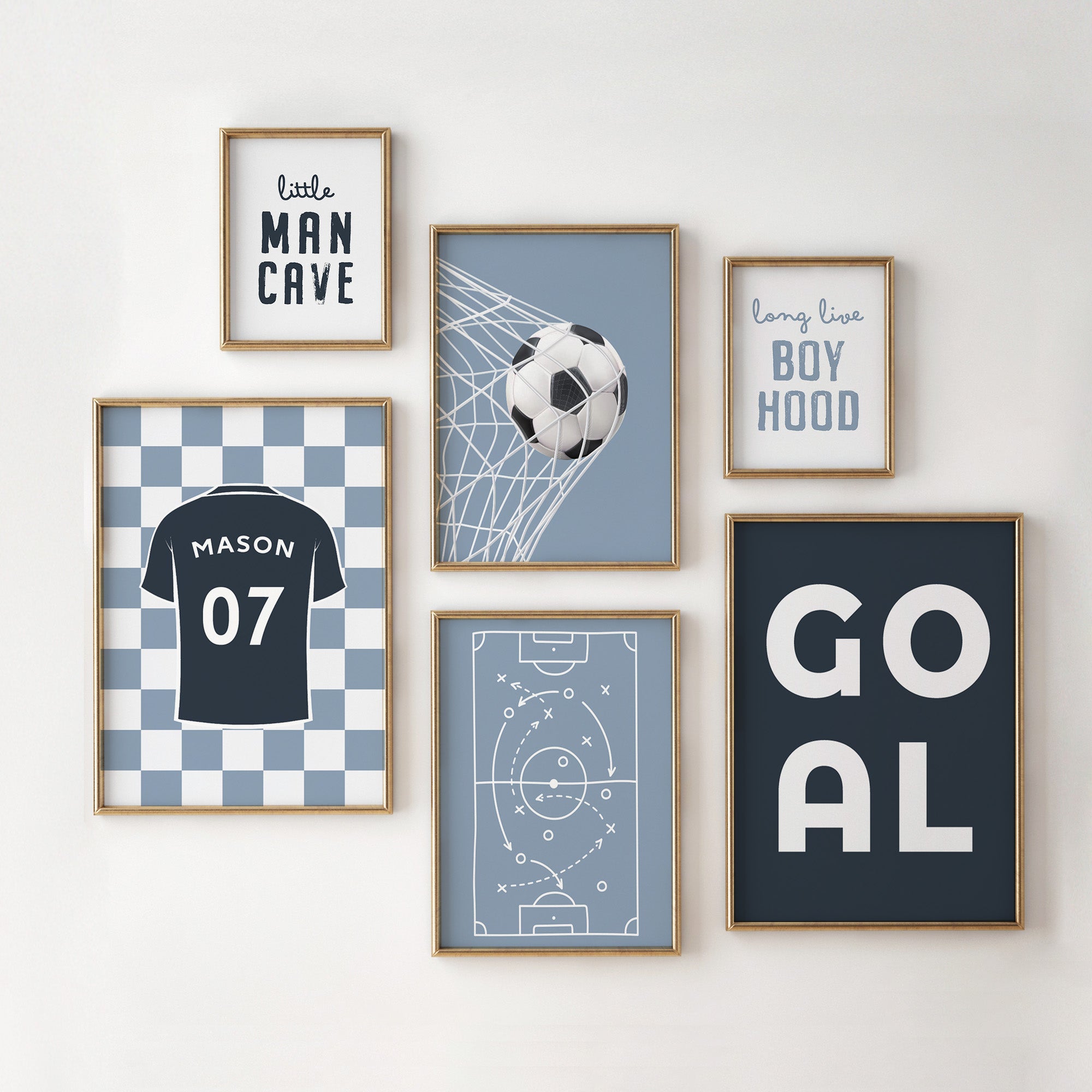 Personalised Football Wall Art Set of 6 Dusty Blue Boys Room Custom Name Prints