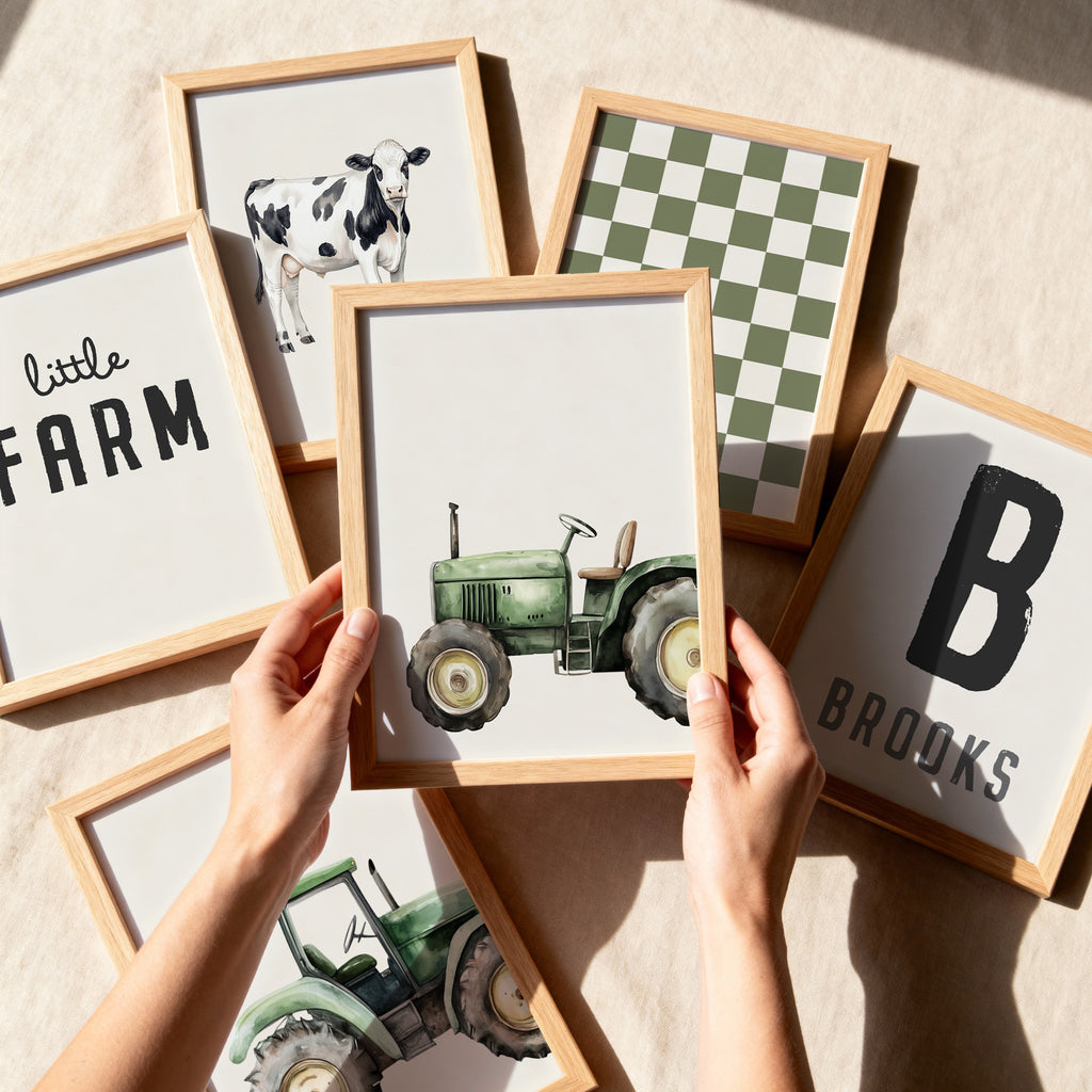 Personalised Farm Wall Art Set of 6 Olive Green Boys Room Prints