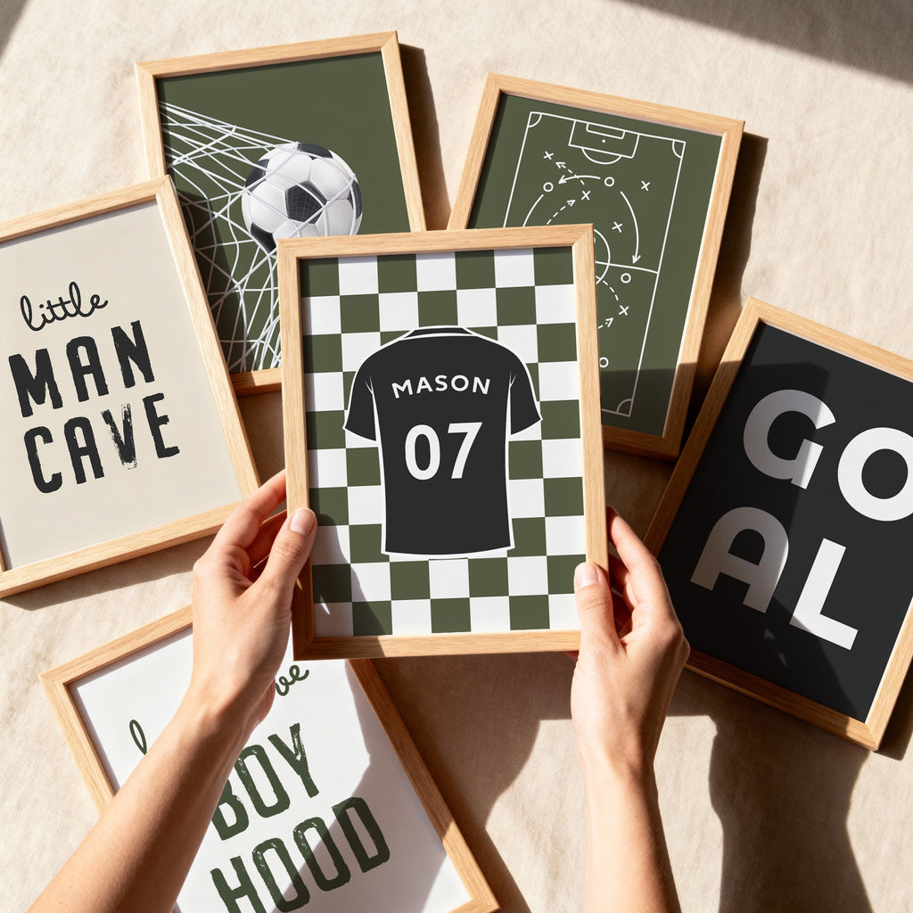 Personalised Olive Football Prints Set of 6, Boys Bedroom - artwork detail