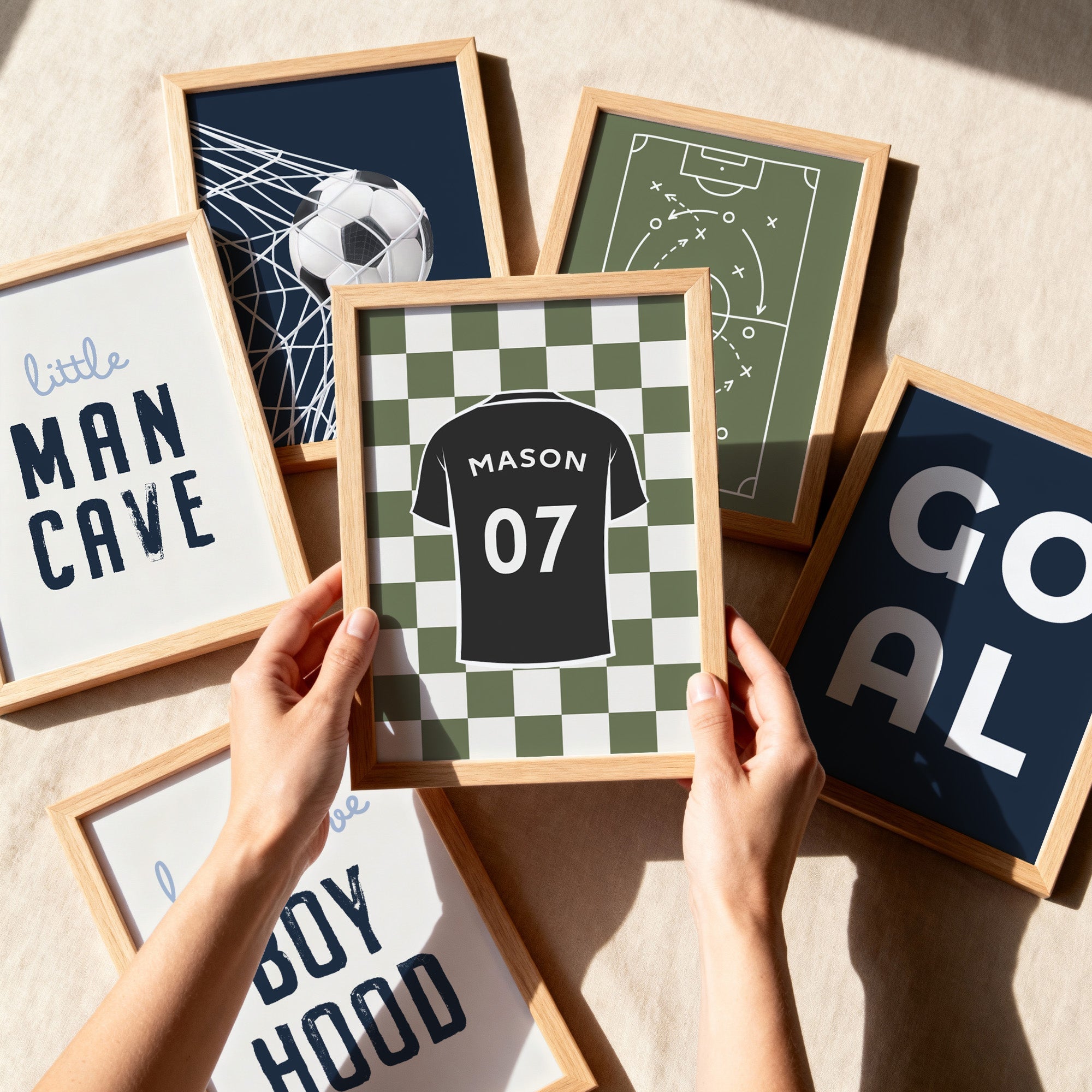 Personalised Navy and Olive Football Prints Set of 6 - artwork detail