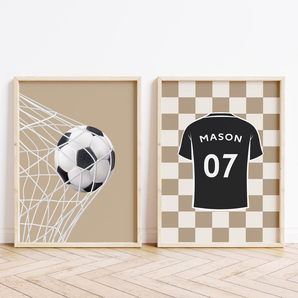 Personalised Neutral Football Prints Set of 2, Boys Wall Art