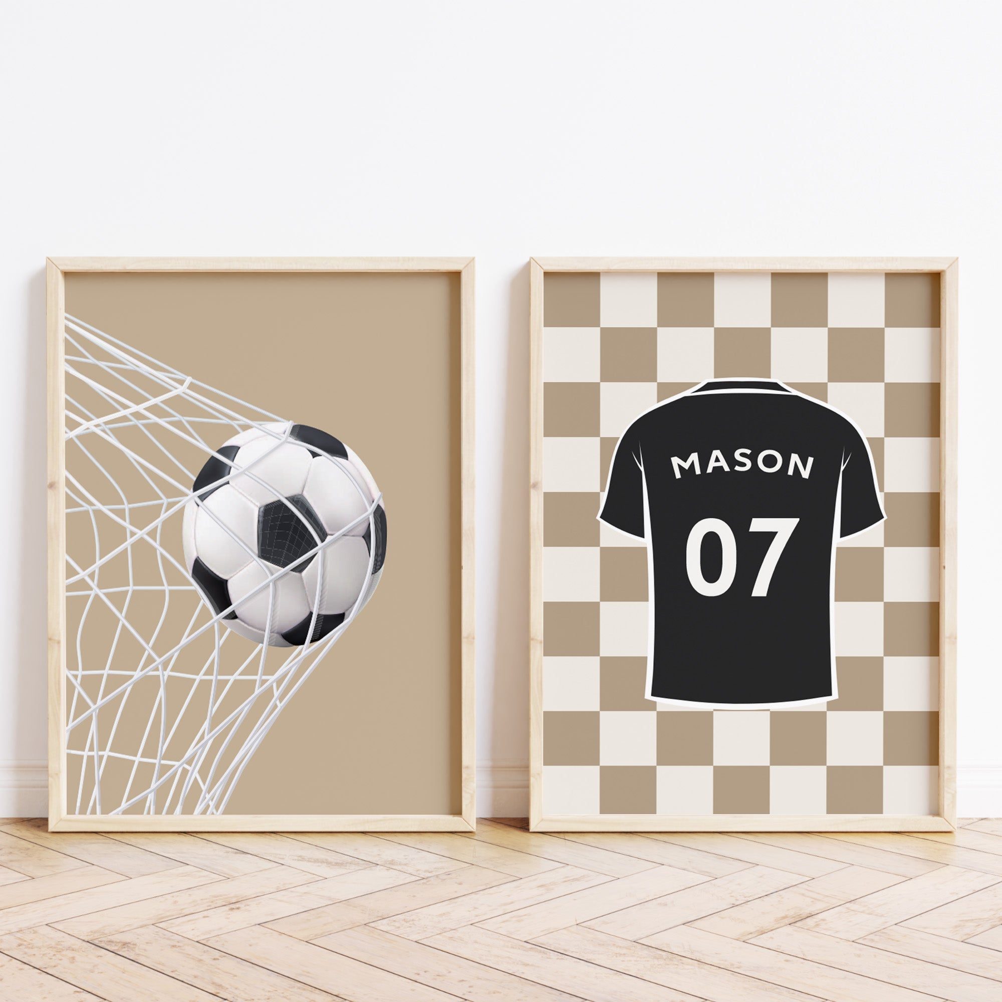 Personalised Neutral Football Prints Set of 2, Boys Wall Art
