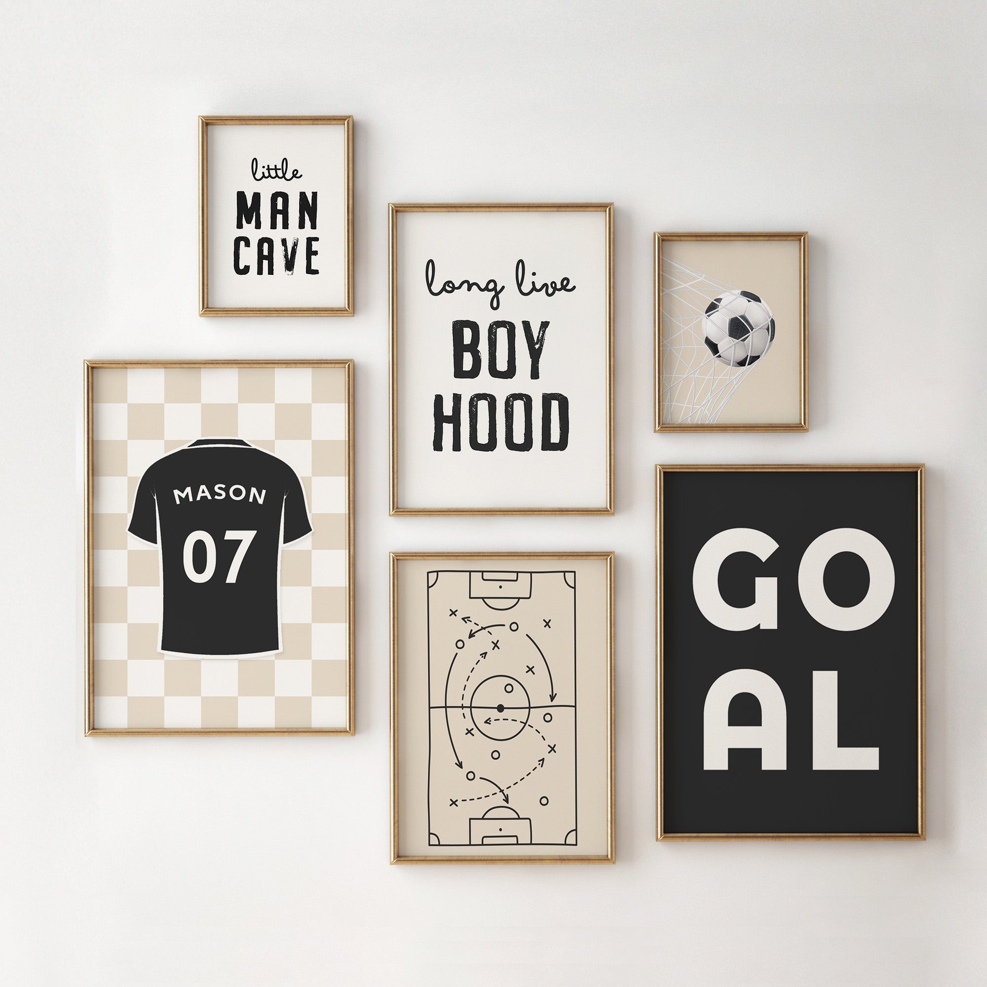 Personalised Neutral Football Prints Set of 6, Boys Bedroom