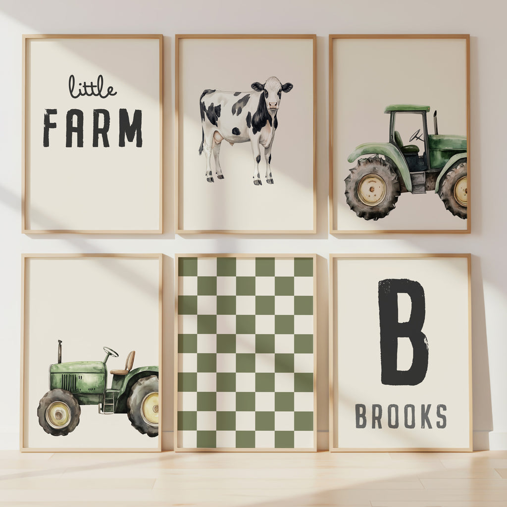 Personalised Farm Wall Art Set of 6 Olive Green Boys Room Prints