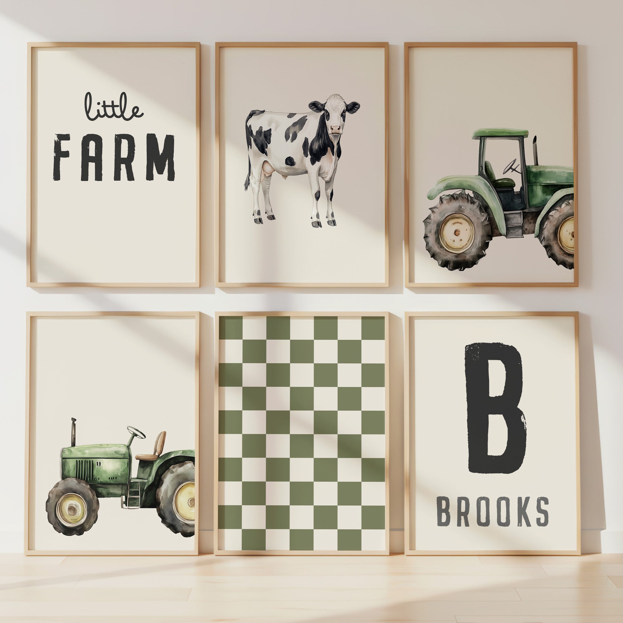 Personalised Farm Wall Art Set of 6 Olive Green Boys Room Prints