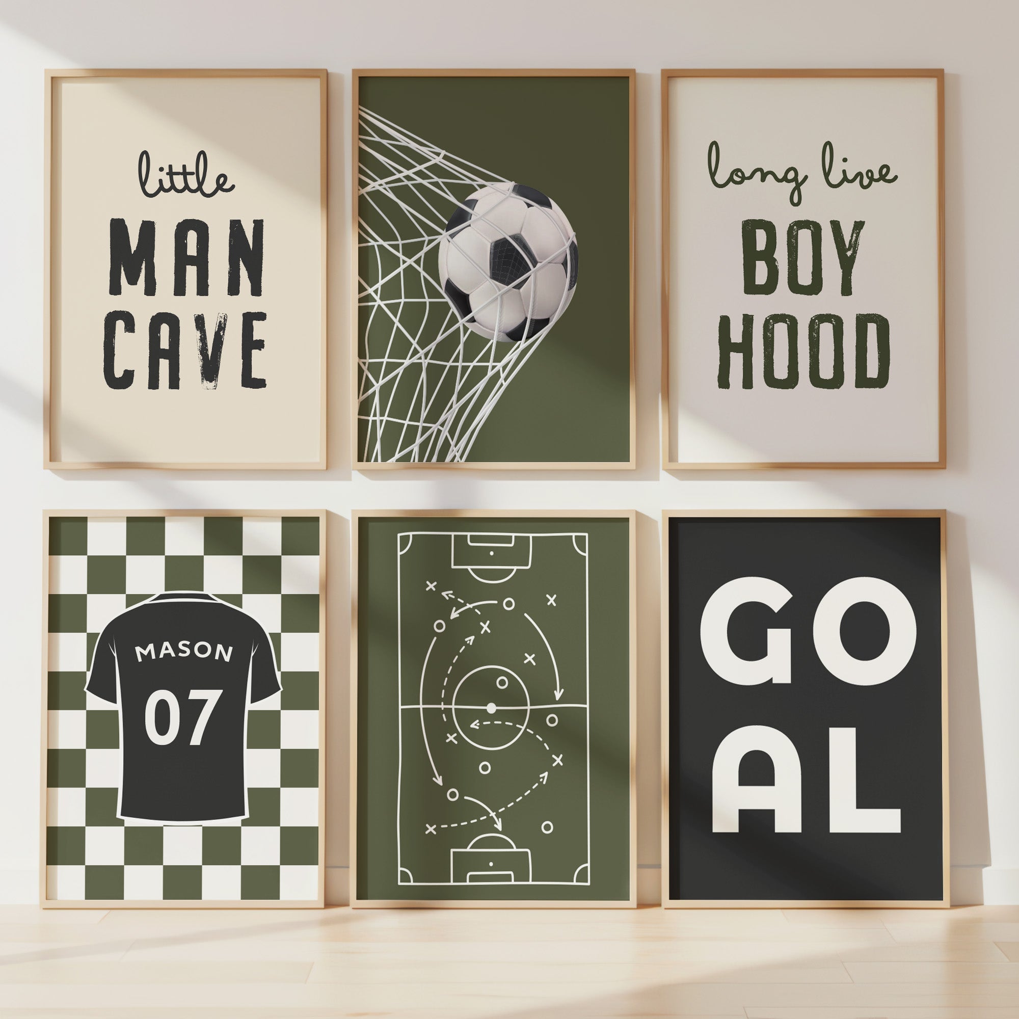 Personalised Olive Football Prints Set of 6, Boys Bedroom shown in a styled room
