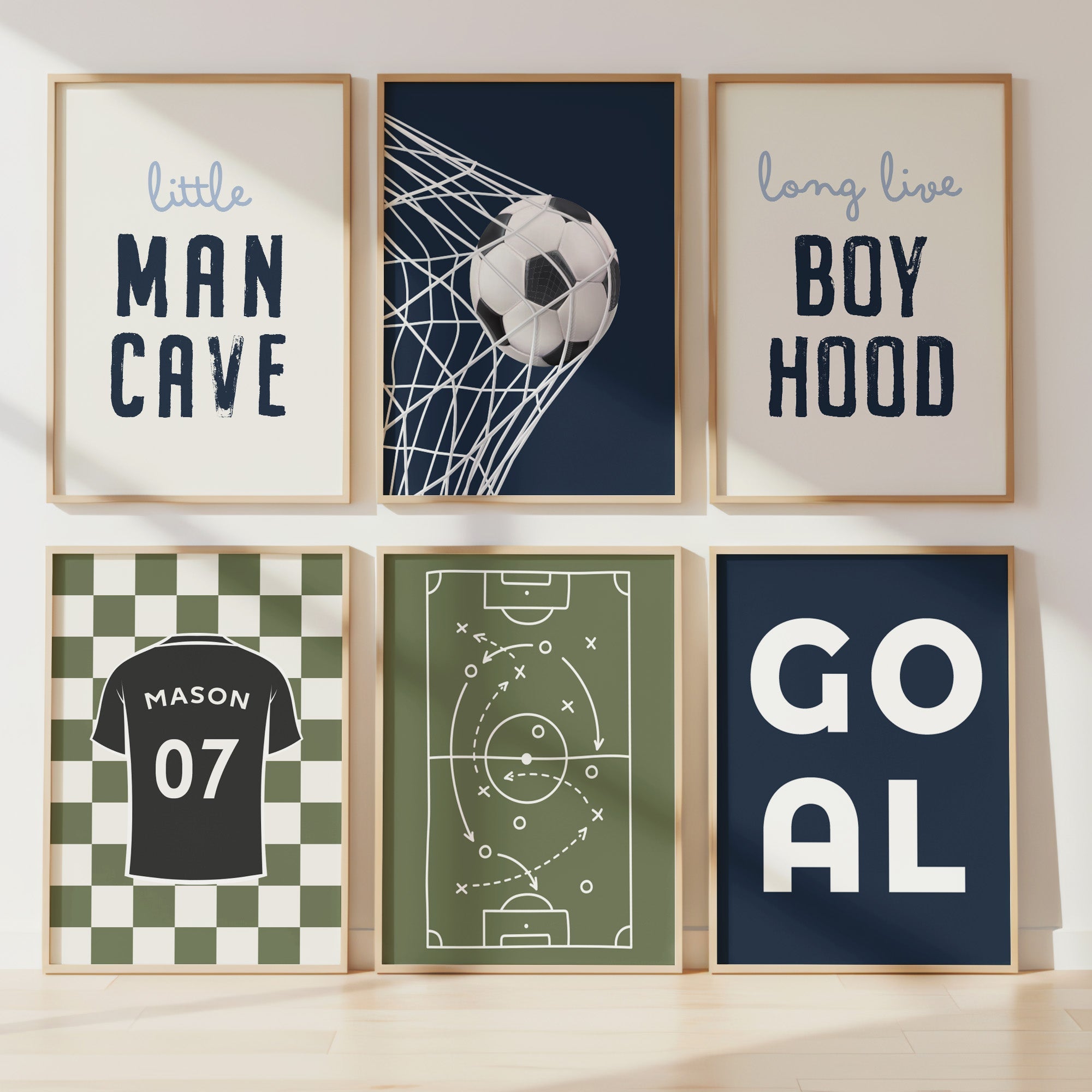 Personalised Navy and Olive Football Prints Set of 6 shown in a styled room