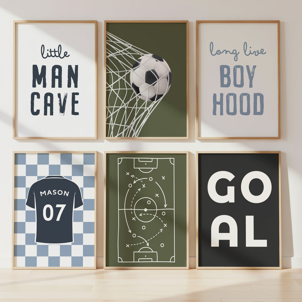 Personalised Football and Boyhood Prints Set of 6 shown in a styled room