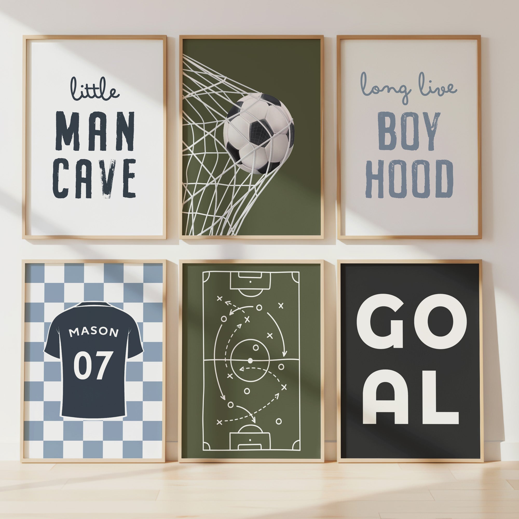 Personalised Football and Boyhood Prints Set of 6 shown in a styled room