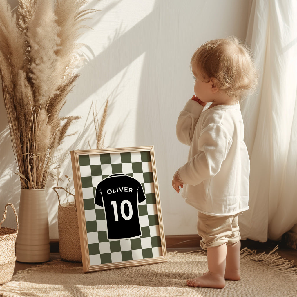 Personalised Football Shirt Print, Custom Name and Number shown in a styled room