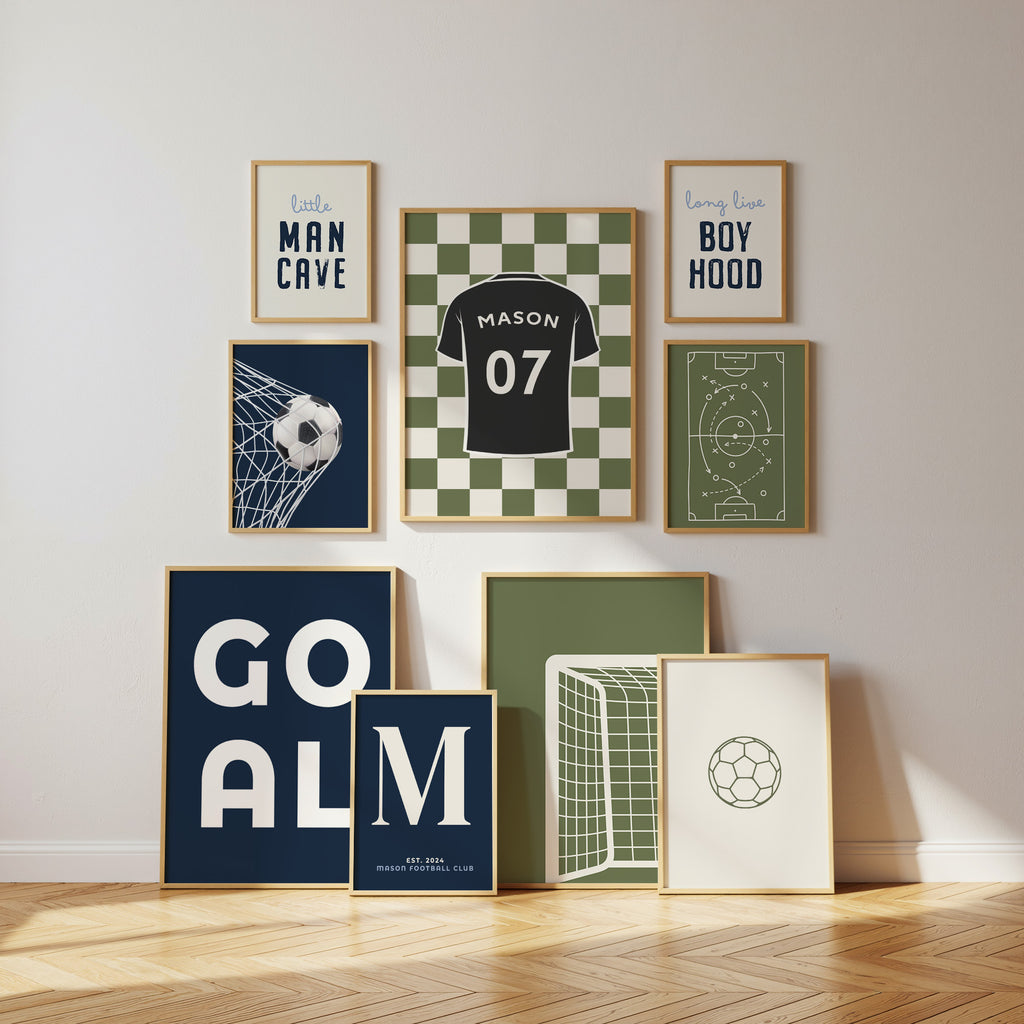 Personalised Football Wall Art Set of 9, Boys Bedroom Football Prints