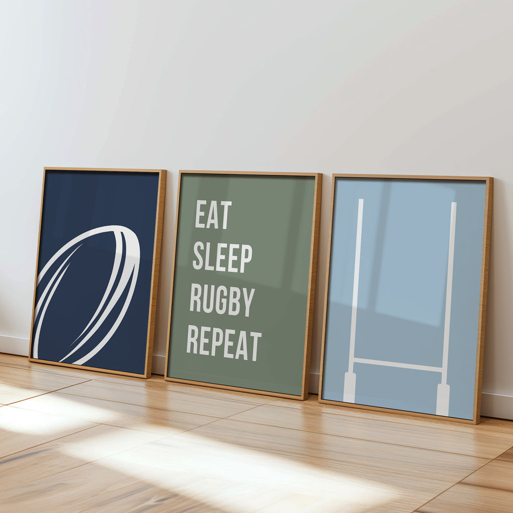 Rugby Wall Art Set of 3 Navy Boys Bedroom Decor Nursery Sports Prints
