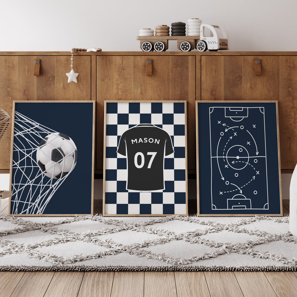 Navy football prints for a boys bedroom with custom name and number