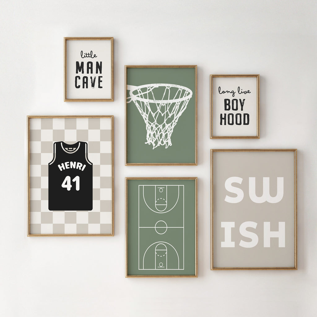 Personalised Basketball Wall Art Set of 6, Olive Green Kids Bedroom Prints