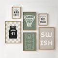 Personalised Basketball Wall Art Set of 6, Olive Green Kids Bedroom Prints