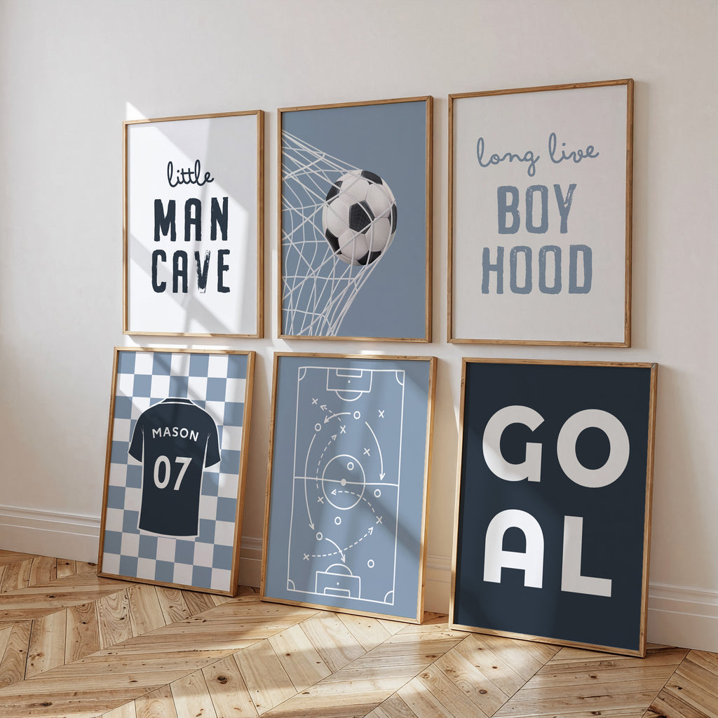 Personalised Football Wall Art Set of 6 Dusty Blue Boys Room Custom Name Prints