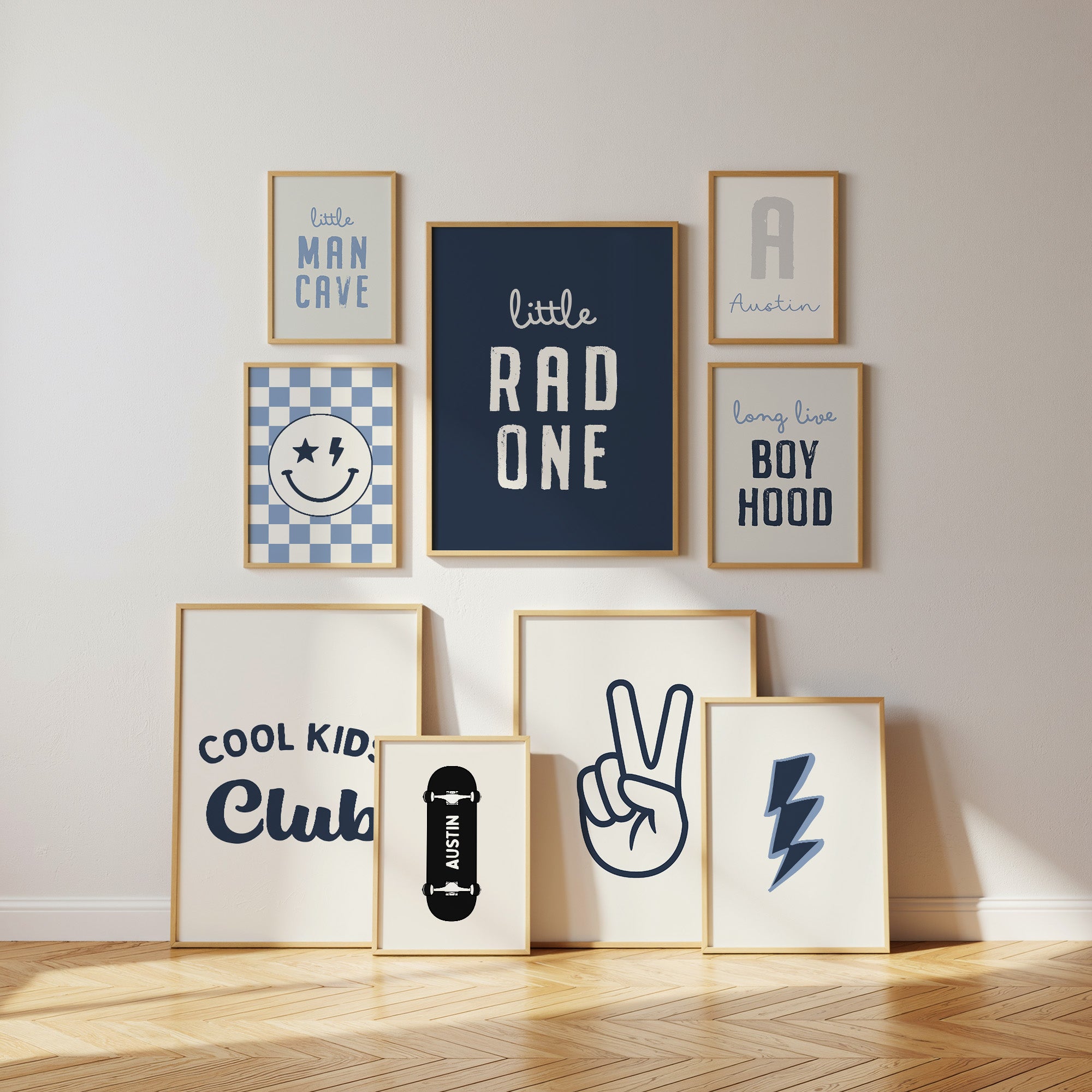 Personalised Boyhood Wall Art Set of 9, Boys Bedroom Gallery Wall Prints