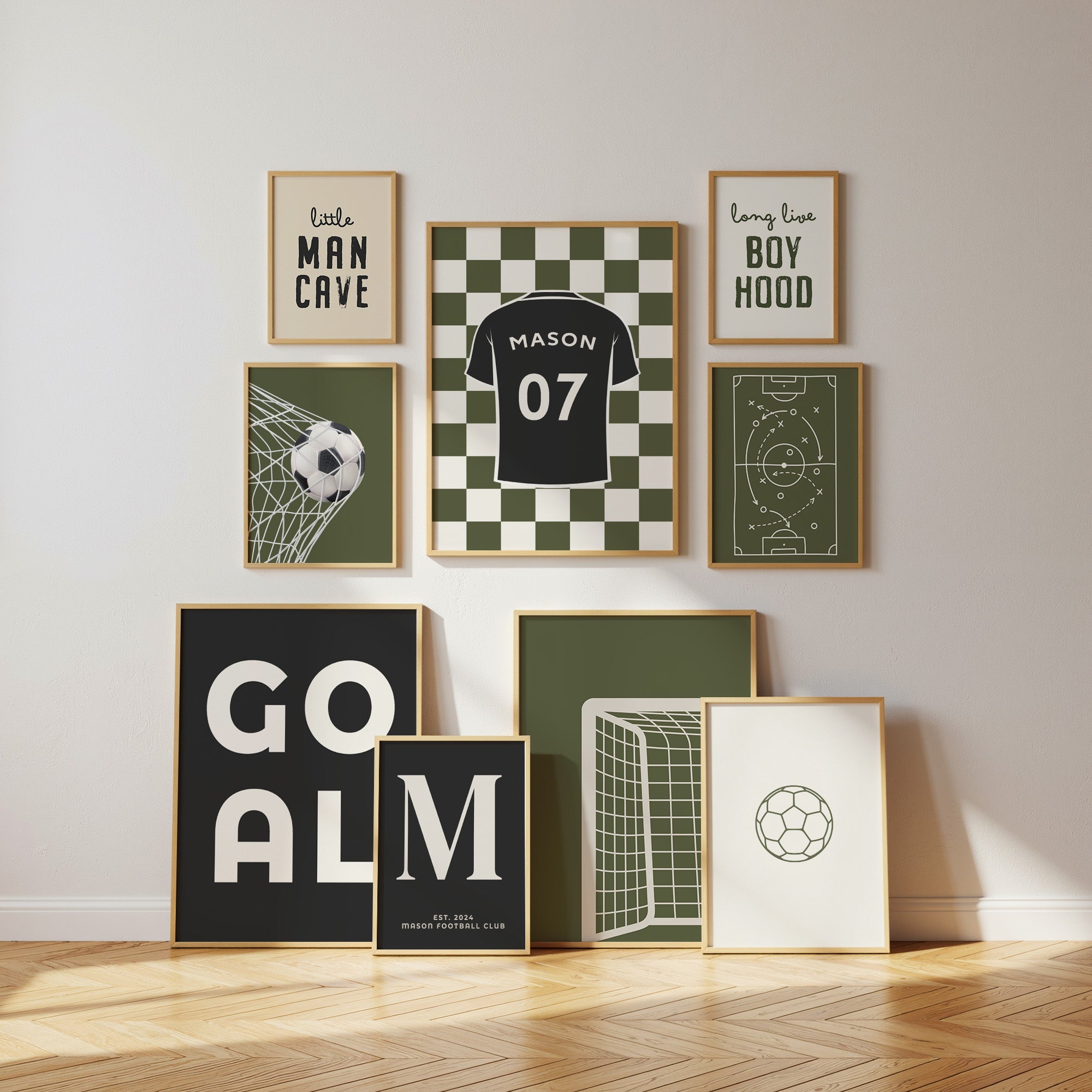 Football Wall Art Set of 9, Olive Green Boys Bedroom Decor