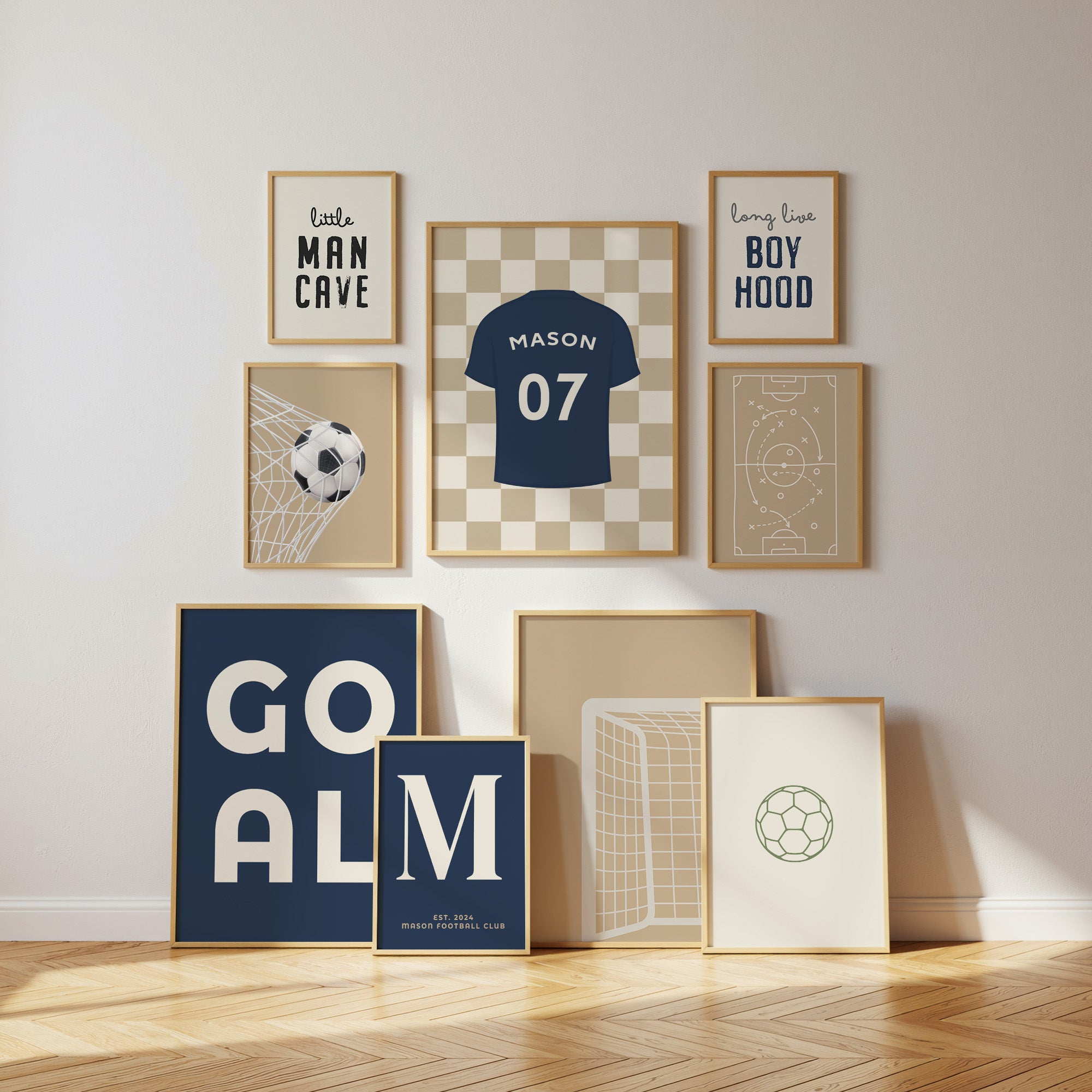 Personalised Football Wall Art Set of 9, Neutral Boys Bedroom Decor