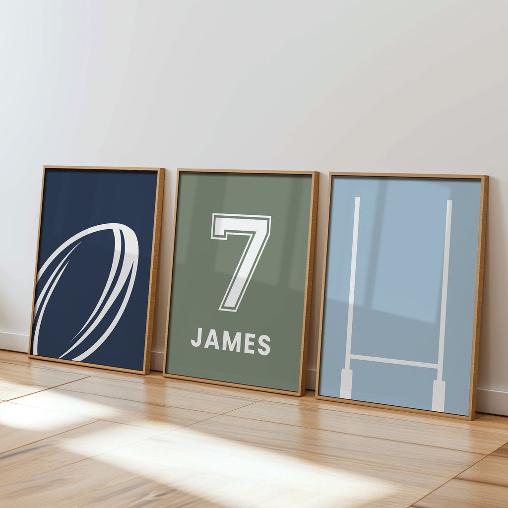 Personalised Rugby Wall Art Set of 3 Boys Bedroom Prints
