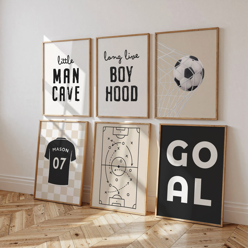 Personalised Neutral Football Prints Set of 6, Boys Bedroom - artwork detail