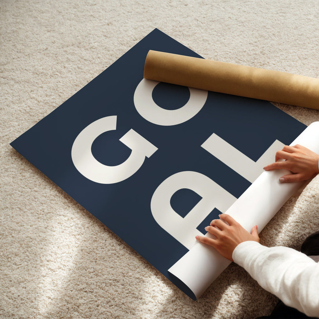 Football Goal Typography Print, Sage or Navy Boys Wall Art shown in a styled room