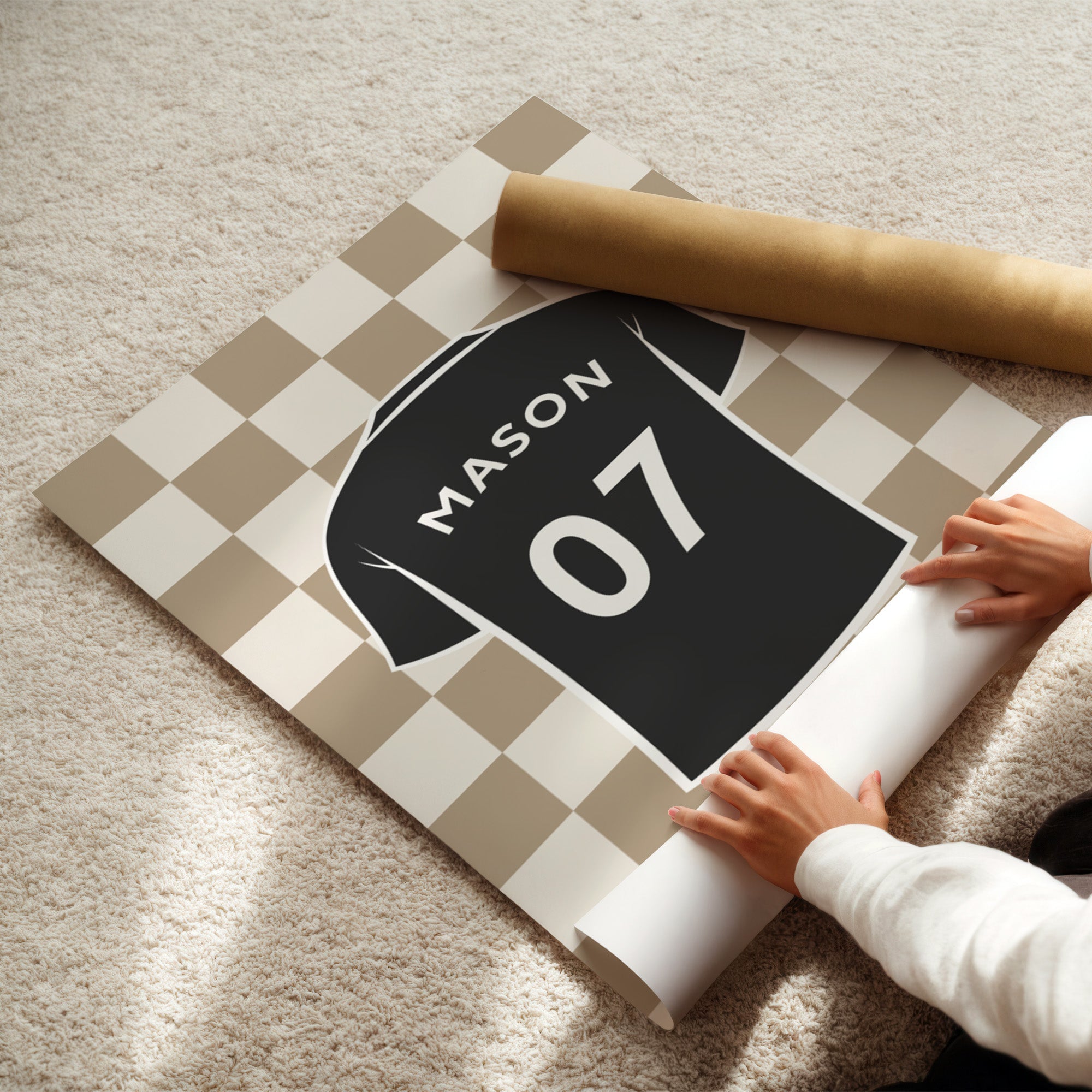 Personalised Neutral Football Prints Set of 2, Boys Wall Art shown in a styled room