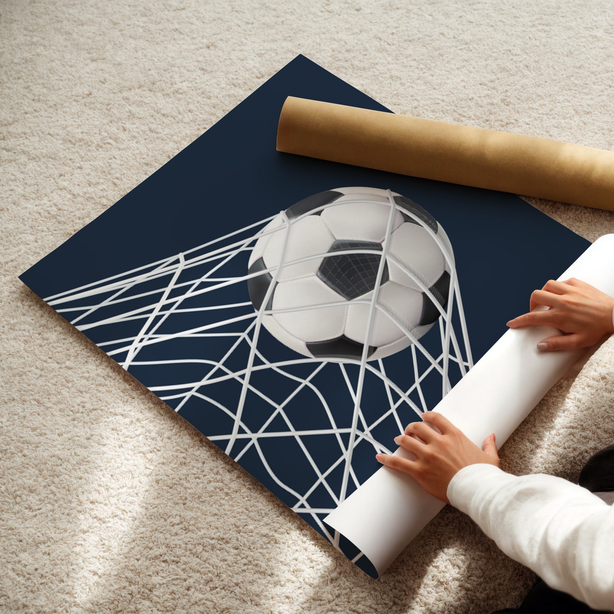 Personalised Navy and Olive Football Prints Set of 6 shown in a styled room
