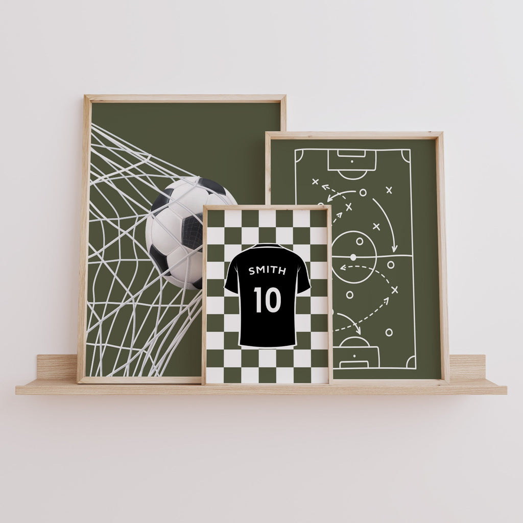Personalised Olive Football Prints Set of 3, Boys Wall Art shown in a styled room