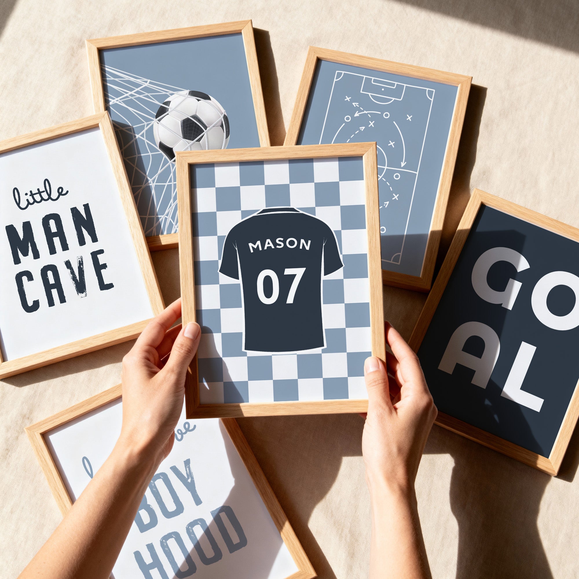 Personalised Football Wall Art Set of 6 Dusty Blue Boys Room Custom Name Prints
