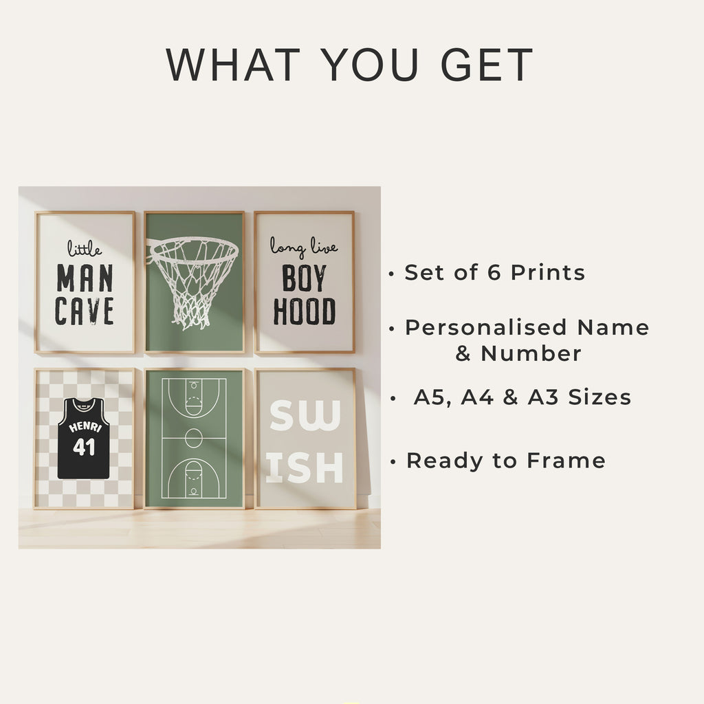 Personalised Basketball Wall Art Set of 6, Olive Green Kids Bedroom Prints