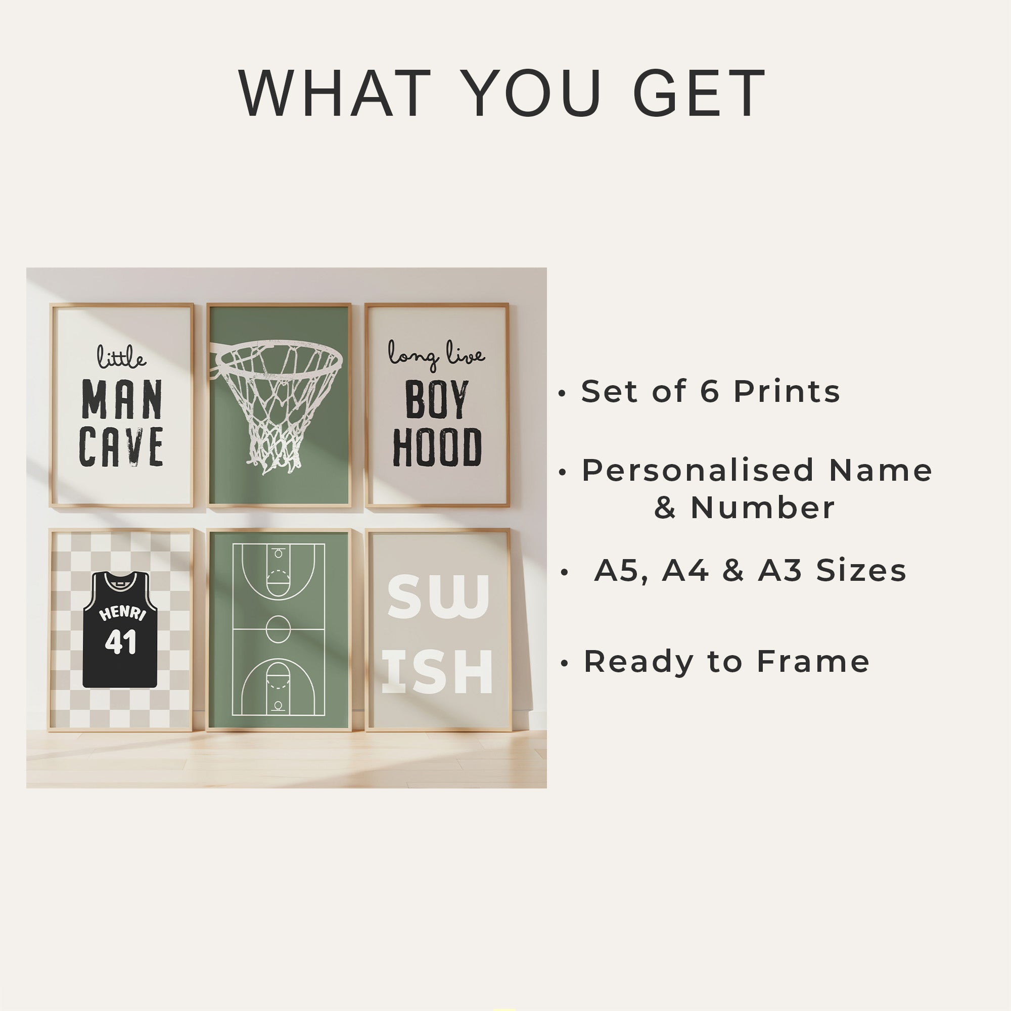 Personalised Basketball Wall Art Set of 6, Olive Green Kids Bedroom Prints