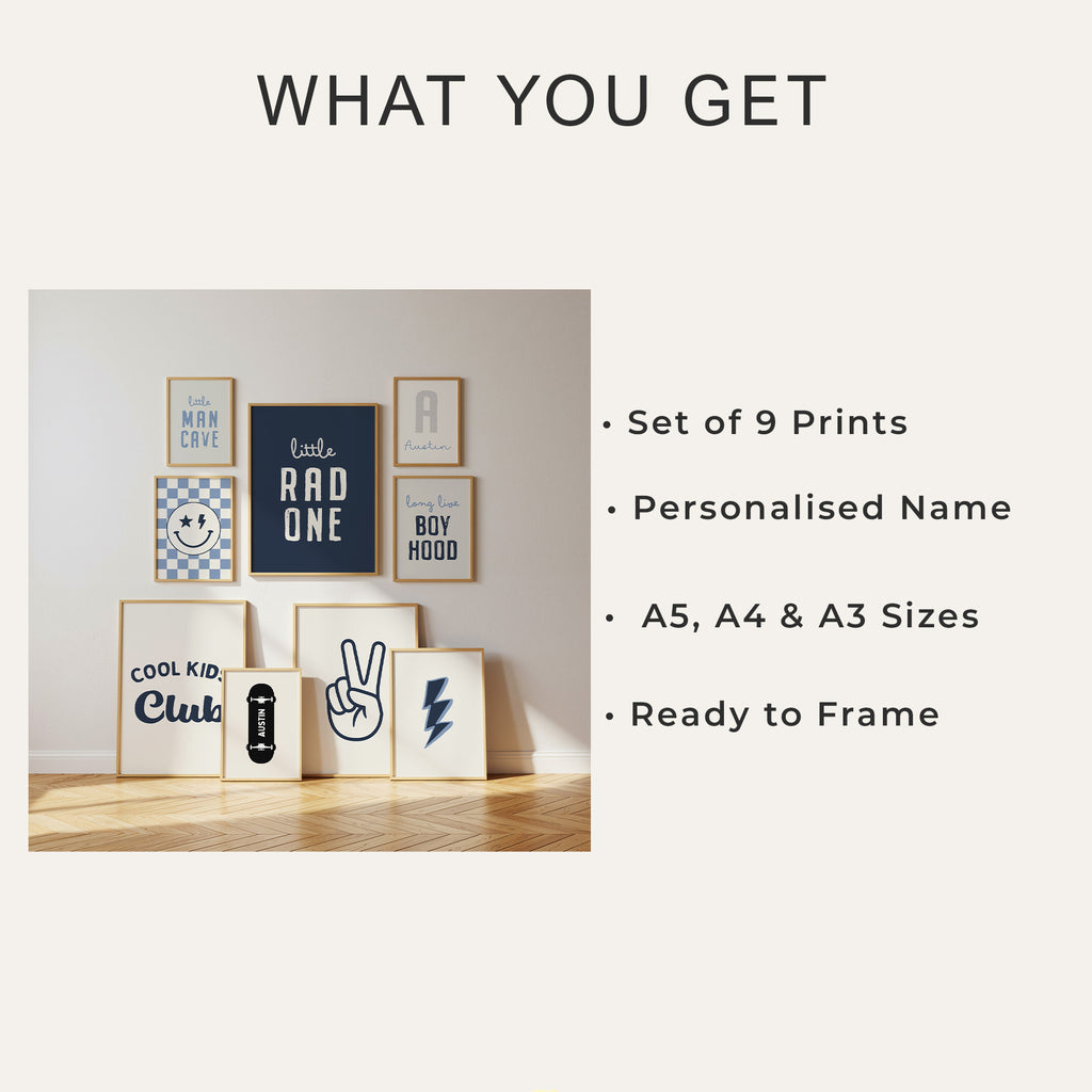 Personalised Boyhood Wall Art Set of 9, Boys Bedroom Gallery Wall Prints
