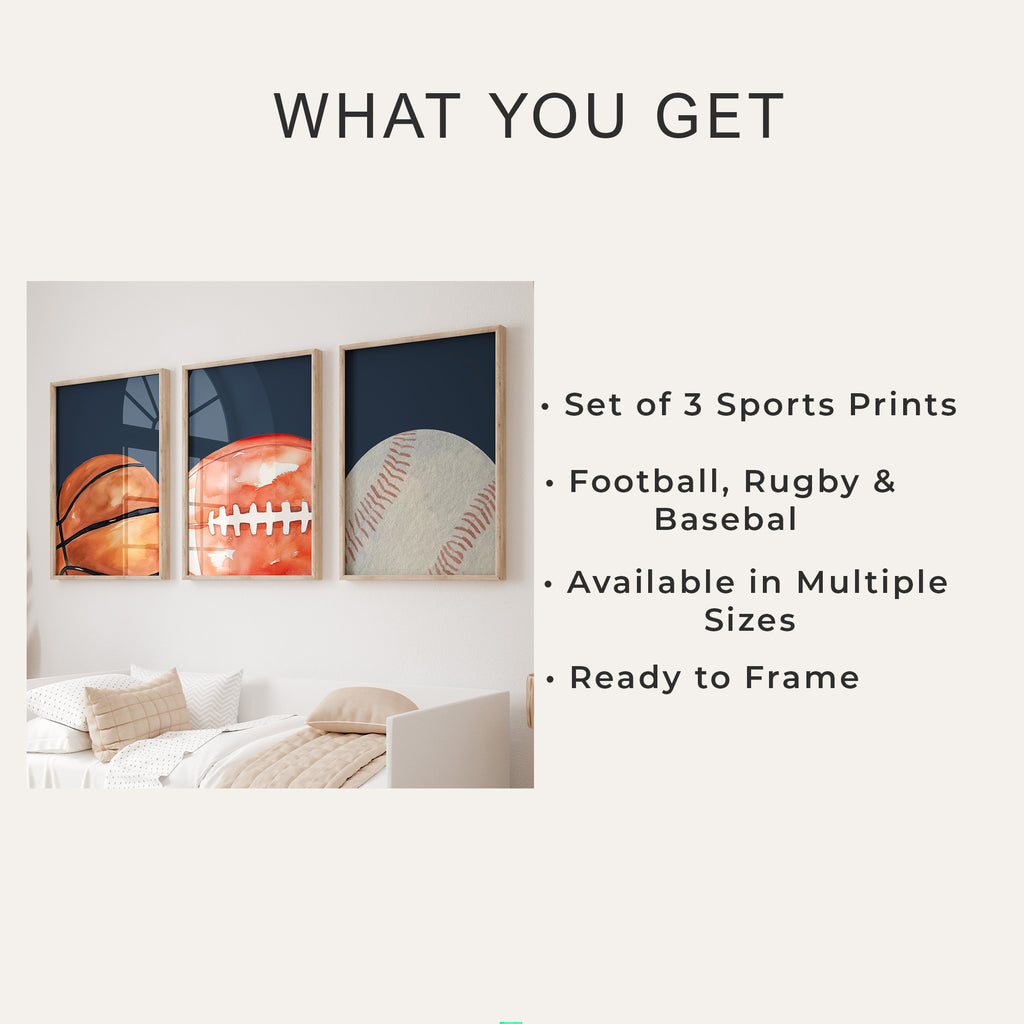 Sports Wall Art Set of 3 Boys Bedroom Prints Navy Kids Sports Decor
