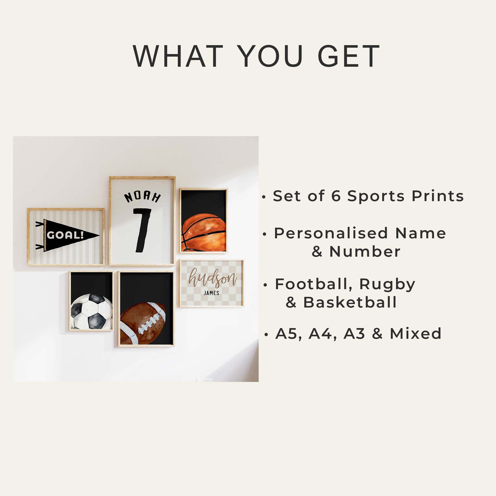 Personalised Sports Wall Art Set of 6, Neutral Kids Prints - print options