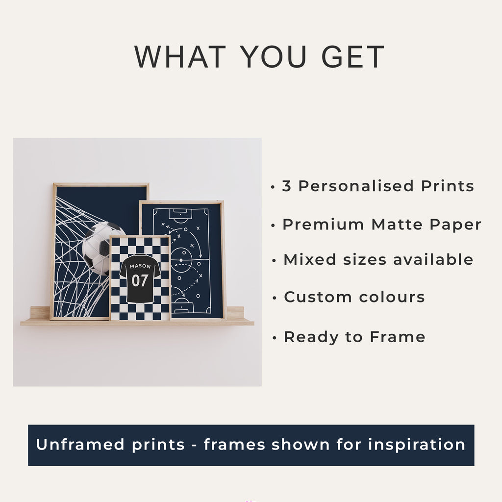What is included with the personalised football prints set of 3
