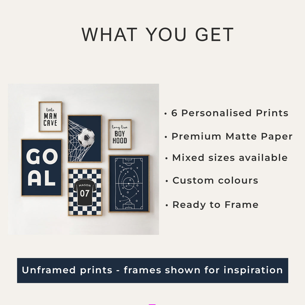 Personalised Football Prints Set of 6, Boys Bedroom Wall Art