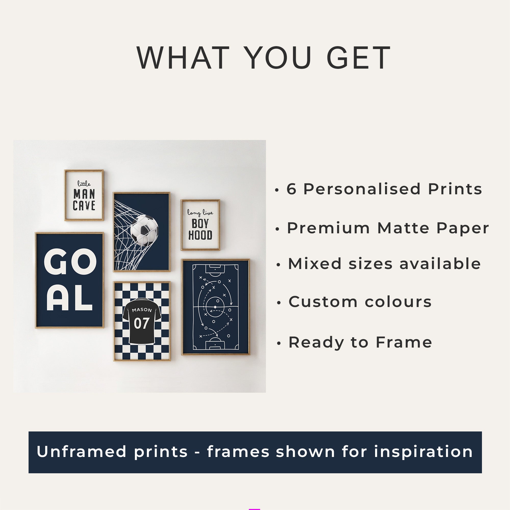 Personalised Football Prints Set of 6, Boys Bedroom Wall Art