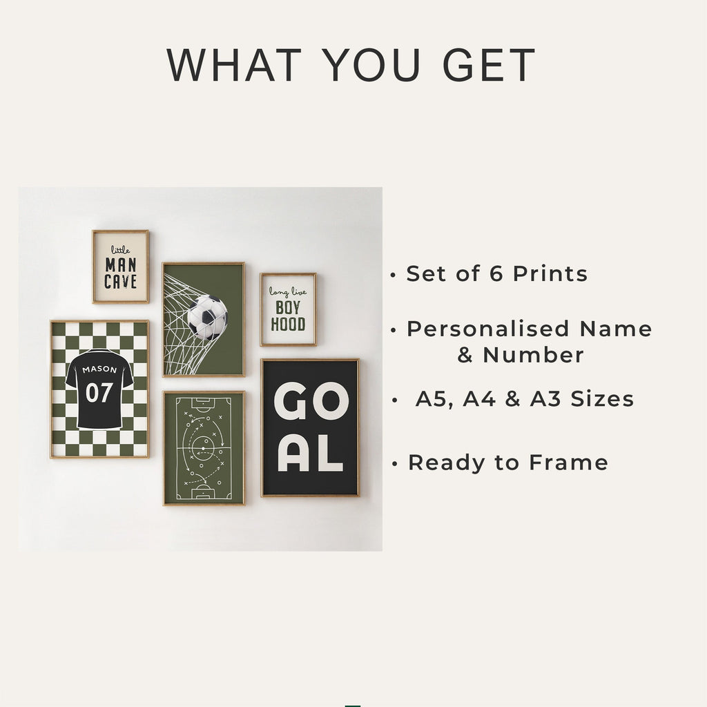 Personalised Olive Football Prints Set of 6, Boys Bedroom - print options