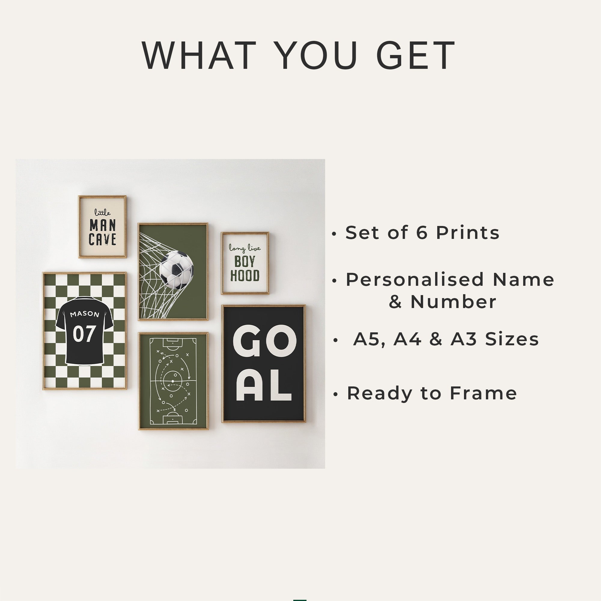Personalised Olive Football Prints Set of 6, Boys Bedroom - print options