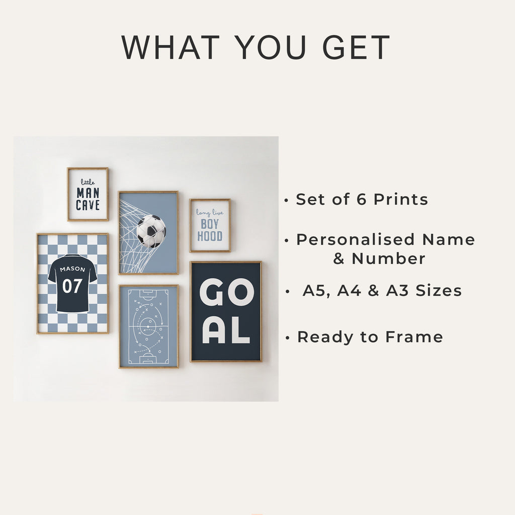 Personalised Football Wall Art Set of 6 Dusty Blue Boys Room Custom Name Prints