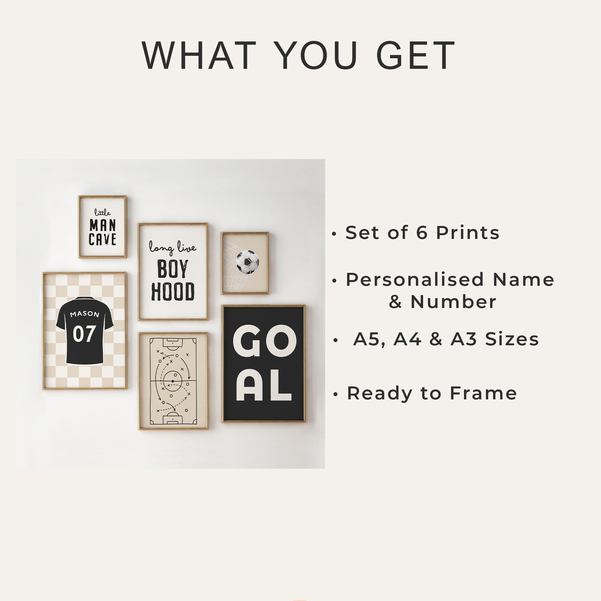 Personalised Neutral Football Prints Set of 6, Boys Bedroom - print options