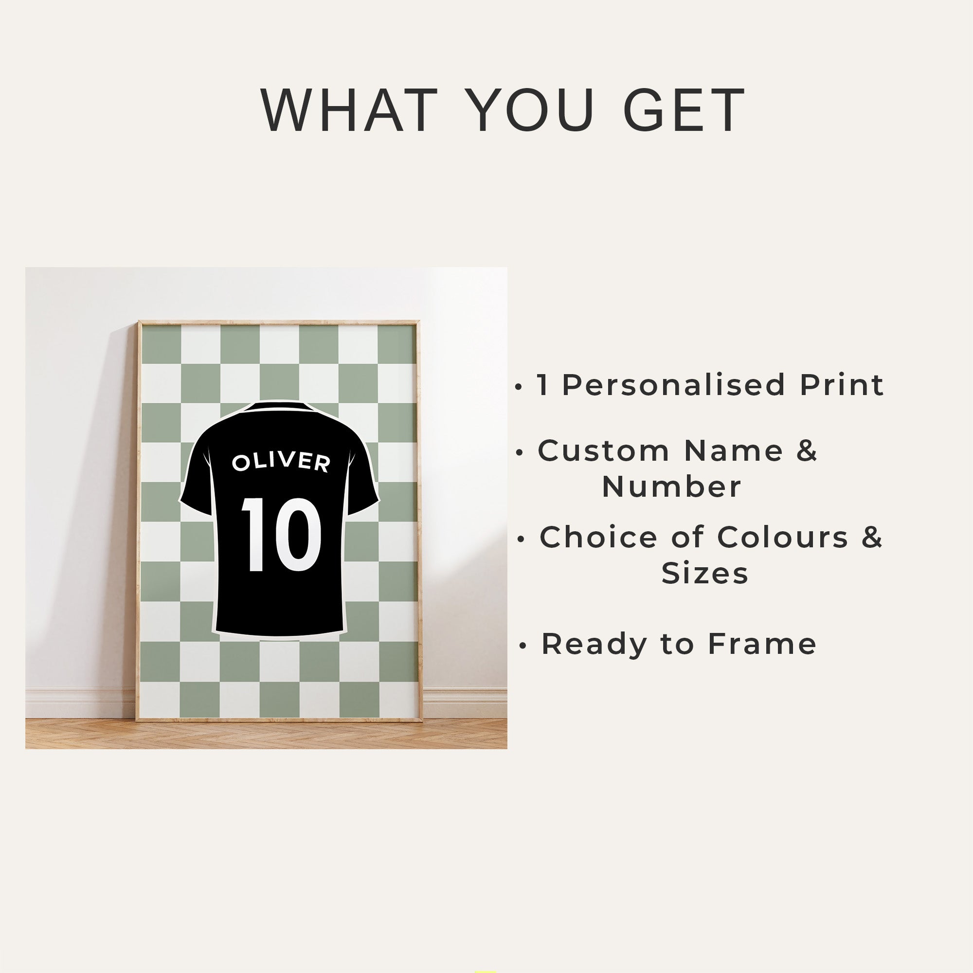 Personalised Football Jersey Print Neutral Checker Custom Name Number Wall Art