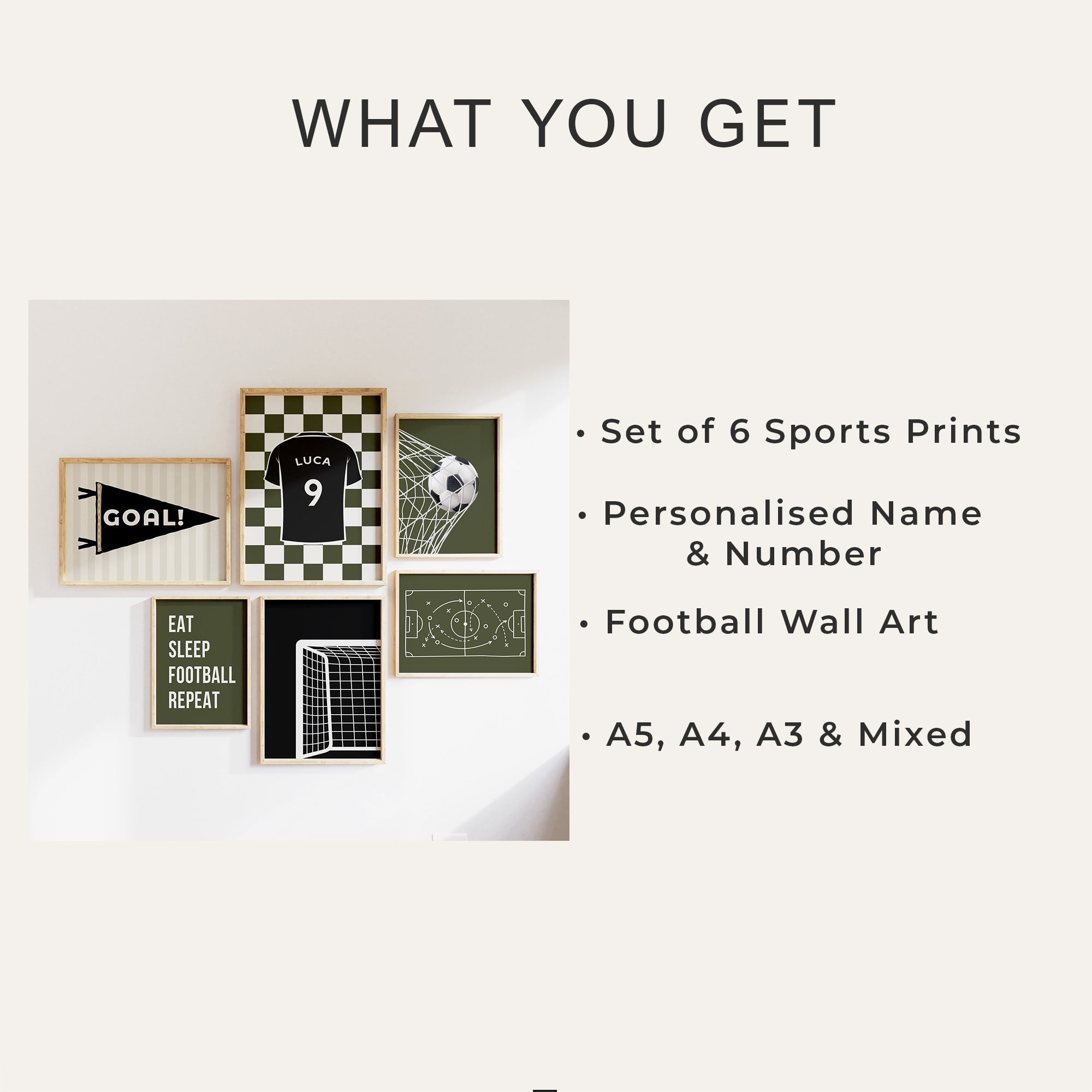 Personalised Football Wall Art Set of 6 Boys Bedroom Prints