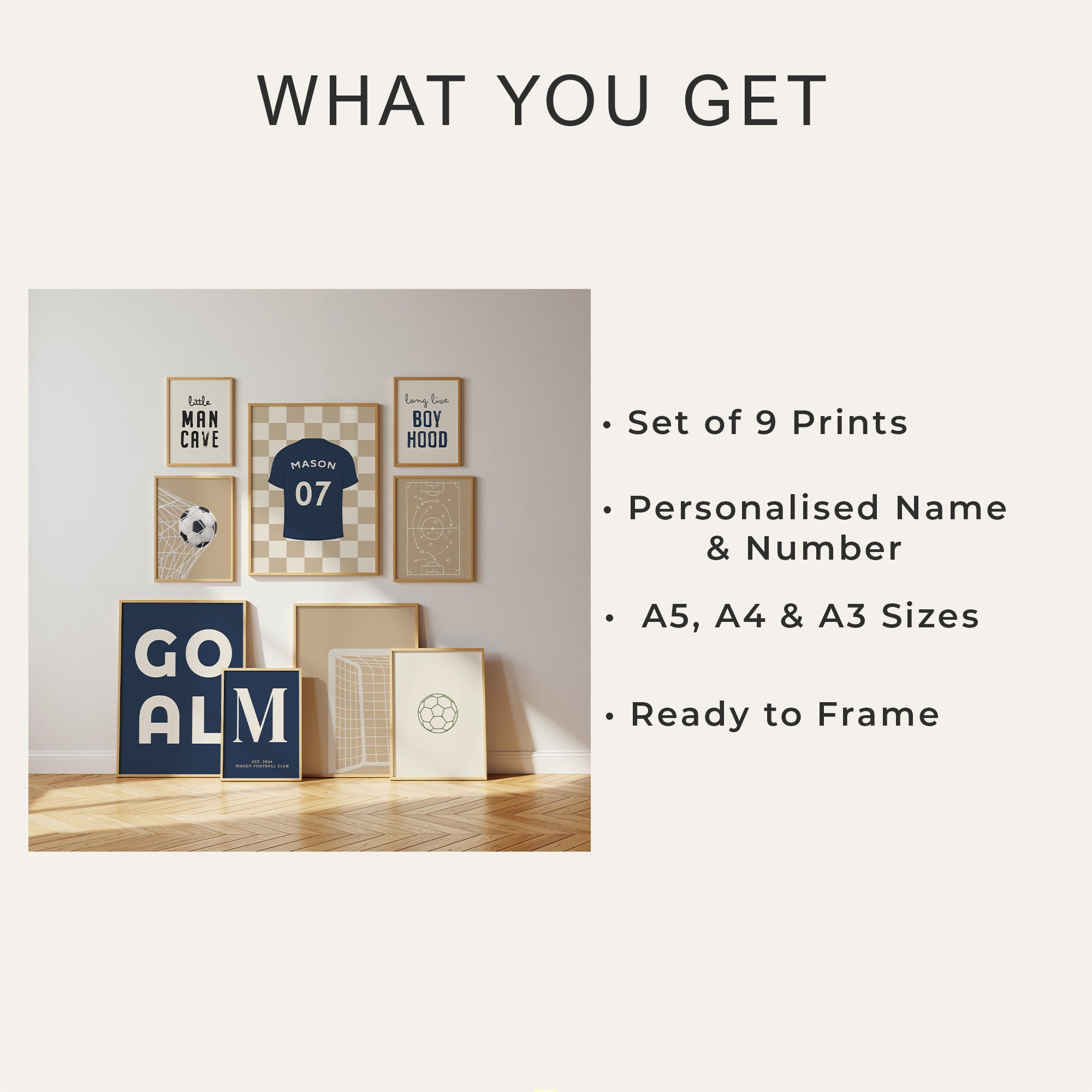 Personalised Football Wall Art Set of 9, Neutral Boys Bedroom Decor