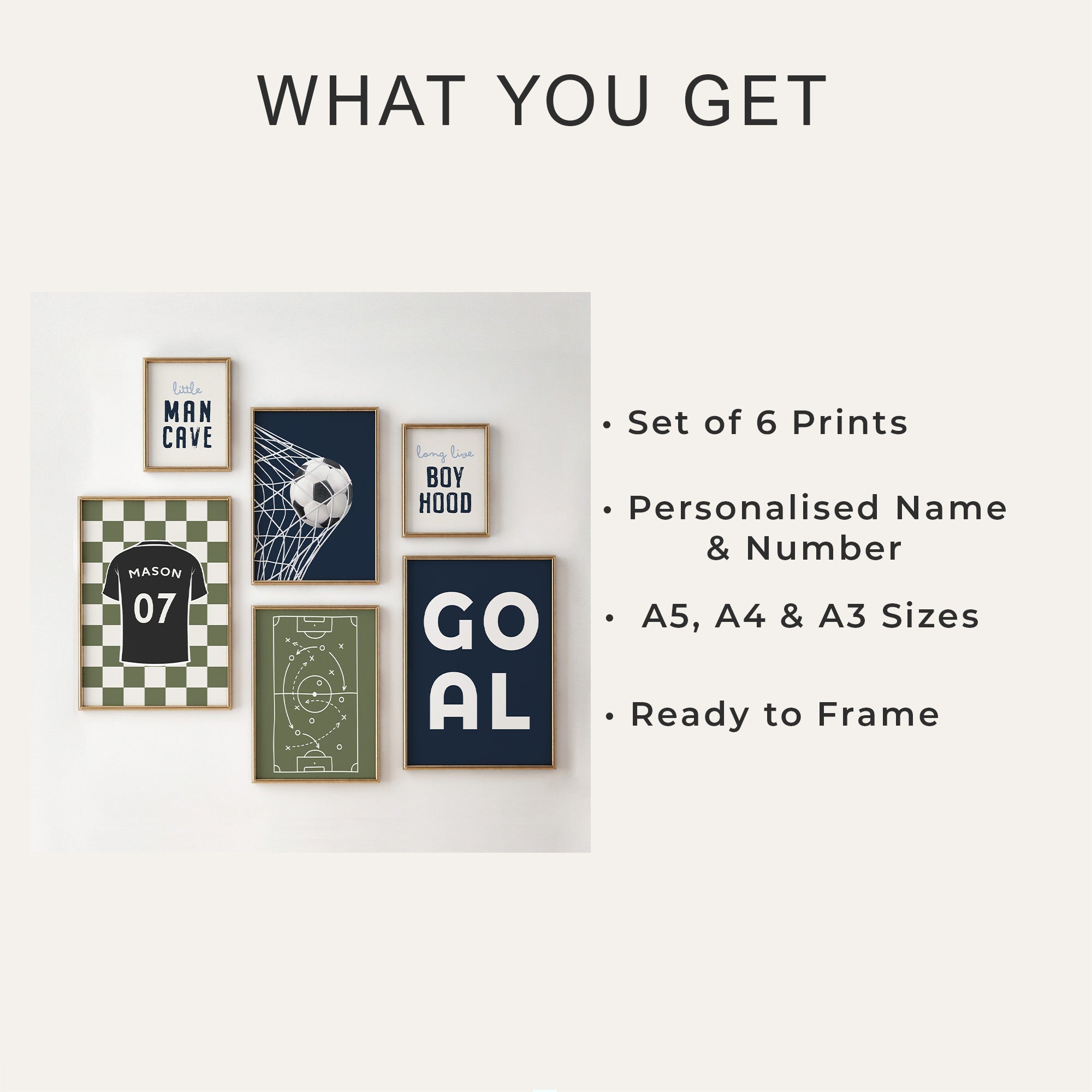 Personalised Navy and Olive Football Prints Set of 6 - print options