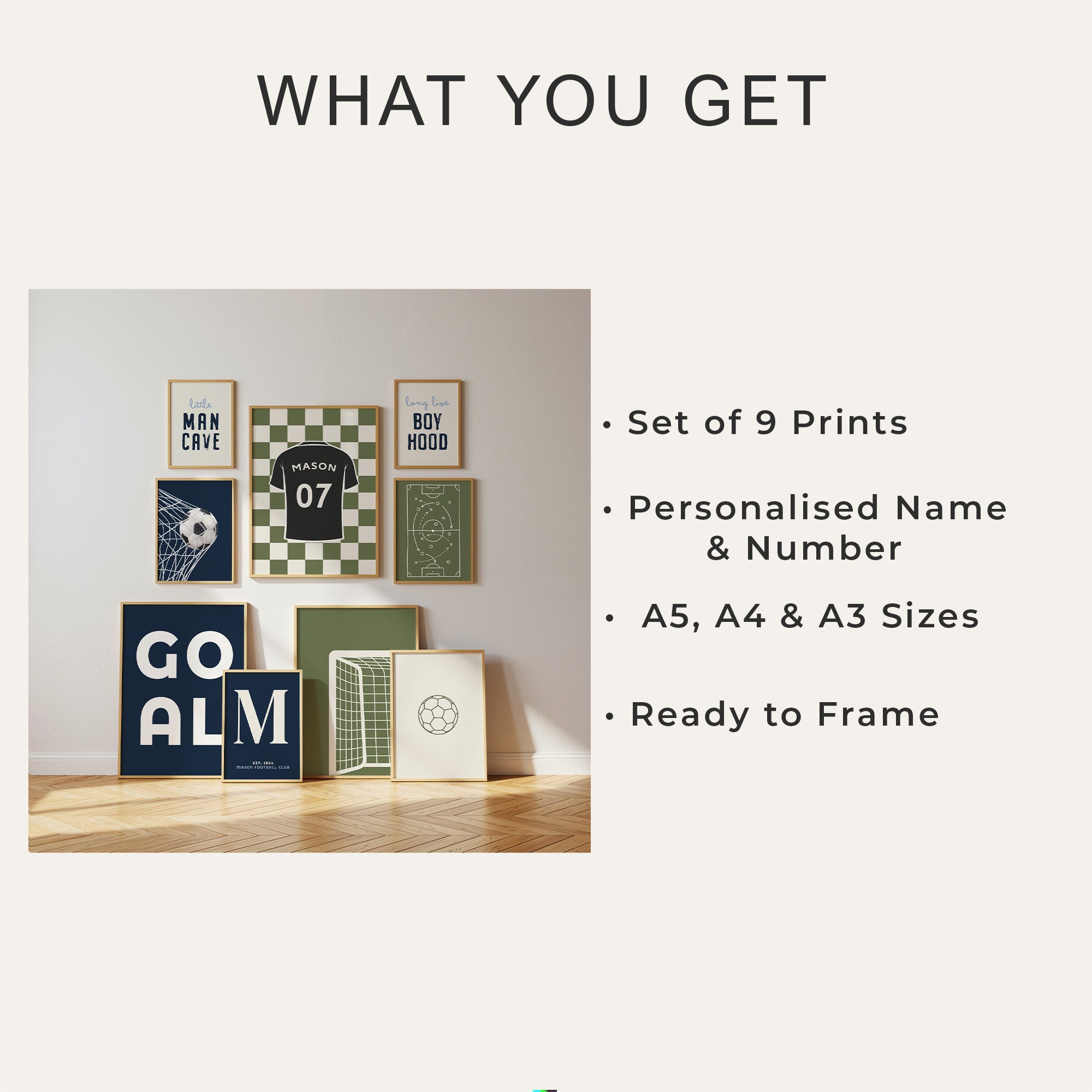 Personalised Football Wall Art Set of 9, Boys Bedroom Football Prints