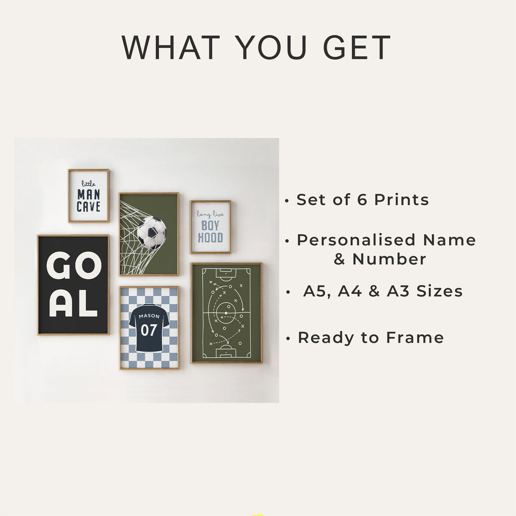 Personalised Football and Boyhood Prints Set of 6 - print options