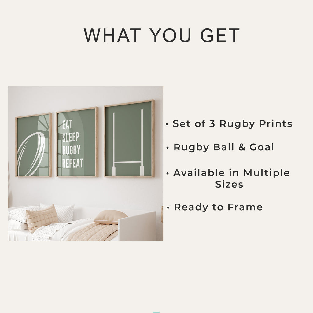 Rugby Wall Art Set of 3 Green Boys Bedroom Decor Nursery Sports Prints
